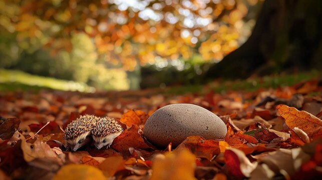  A hedgehog resting beside an egg atop a mound of leaves in a park with a tree nearby