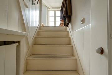 Beautiful Dutch flat, white staircase with wooden steps and a coat rack at the top, cozy interior design, modern apartment in Amsterdam, 