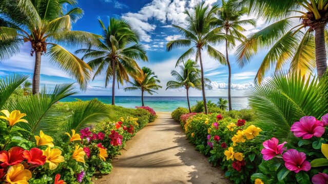 Swaying palm trees and colorful hibiscus flowers surround a sandy beach walkway, perfectly capturing the warm and inviting essence of a tropical farewell or greeting.