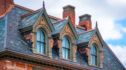 Obraz premium A roof with intricate architectural details, including ornate gables and dormer windows, of a historic building.