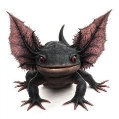 Fototapeta premium An axolotl with bat-shaped gills, Halloween theme, dark and mysterious, isolated on white background