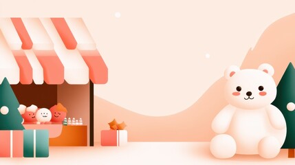 Kawaii Christmas Market Scene with Cute Characters Shopping for Plush Toys and Sweets in Festive Atmosphere, Copy Space