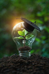 Small plant growing inside a light bulb wearing a graduation cap symbolizing green education and sustainable development