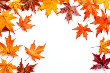 Fototapeta premium Autumn Maple Leaves Flat Lay White Background created with Generative AI
