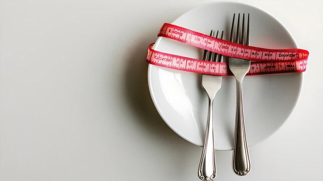A fork and knife wrapped with a red measuring tape on a white plate, symbolizing diet restrictions, body image issues, and the struggle with eating disorders.
