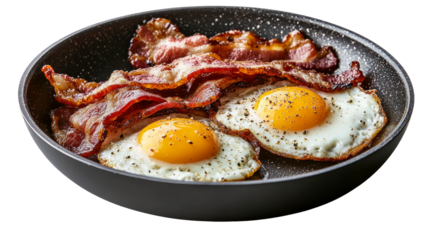 Delicious Breakfast: Crispy Bacon and Sunny Side Up Eggs in Black Skillet Isolated on Transparent Background
