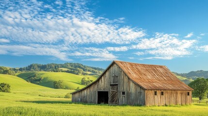 Obraz premium A rustic barn with a weathered wooden roof, set against a backdrop of rolling green hills and a bright blue sky.