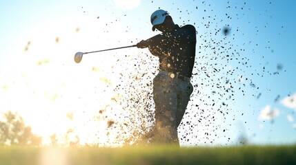 Precision in Motion - Professional Golfer in 8K Detail Escaping Bunker with Flying Sand, Generative Ai
