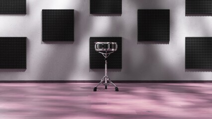 A snare drum standing alone in a soundproof music studio, surrounded by acoustic foam panels on the...