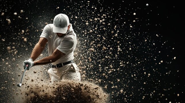 Precision in Action: Professional Golfer Escaping Bunker Mid-Swing with Sand Flying, Ultra High Detail 8K Shot, Generative Ai
