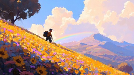   A man with a backpack walks up a hill under a rainbow-filled sky in a painting
