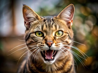 Obraz premium The domestic cat's fierce growl echoes through the air as it exposes its sharp teeth, its crimson-tinged eyes scanning the room with a wary, attentive gaze.