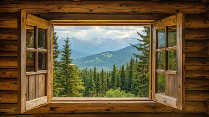 A rustic wooden cabin in the mountains, with a large window framing a panoramic view of the surrounding pine forest.