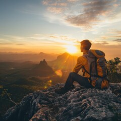 Obraz premium Man Sitting on Cliff at Sunrise
