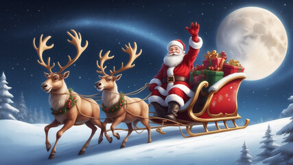 Santa claus is waving while riding a sleigh pulled by reindeer on a snowy christmas eve