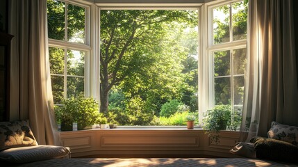 A serene view through a large bay window overlooking a peaceful garden, sunlight filtering through the trees, creating a warm and inviting atmosphere.