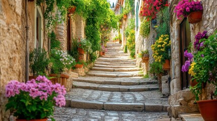 A stone staircase winding through a Mediterranean village, lined with colorful flowers and quaint houses.