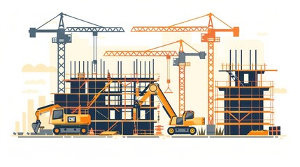 Construction site with cranes and heavy machinery at work during daylight hours