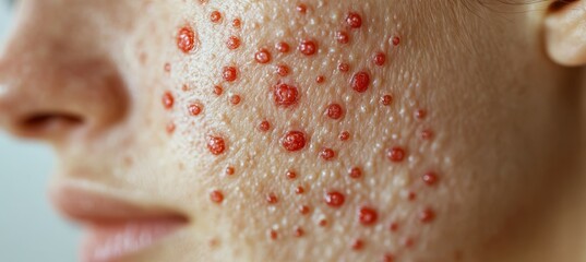 Fototapeta premium Raised spots and blisters infection virus on woman checks. Healthcare medical care. Generative AI technology.
