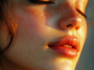 Tranquil Serenity - Close-up of Person's Face with Eyes Closed and Serene Smile in Sunlight