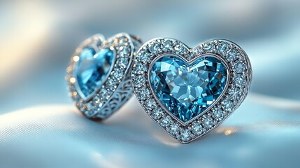 Jewelry, Proposal and Holiday Gift. Fancy Design of a Earrings in Platinum with Diamonds and Aquamarines. Platinum with Round Brilliant Diamonds and Heart Shaped Aquamarines.