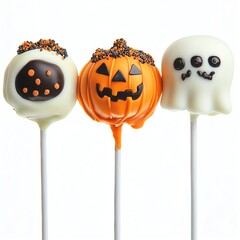 A spooky Halloween cake pop collection, with ghost and pumpkin designs, isolated on white background