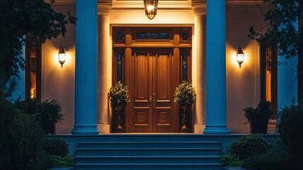 Naklejka premium An elegant front door of a luxury home, framed by columns and illuminated by soft, warm lighting in the evening.