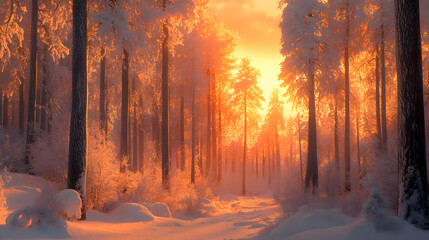 Sunset in the wood between the trees strains in winter period