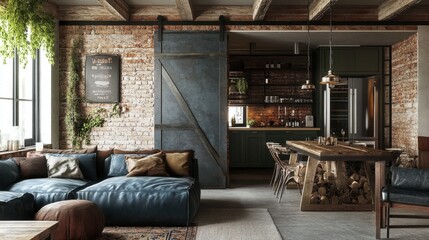 An industrial-style loft with a sliding barn door, revealing a cozy, modern interior filled with natural light.