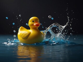 D rendering of a playful yellow rubber ducky.