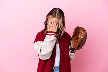 Player Russian woman with baseball glove isolated on pink background with tired and sick expression