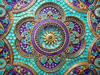 Turquoise, purple, and gold tiles swirl together in a vibrant, intricate design, forming a curved mosaic shape with artistic font overlay, exuding opulence.