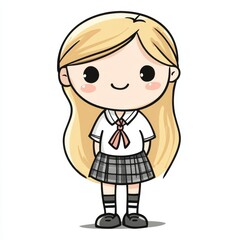 Fototapeta premium Cute cartoon school girl character standing on a white background in a simple doodle style