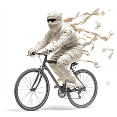 Naklejka premium A cyclist dressed as a mummy, Halloween theme, with bandages flying in the wind, isolated on white background