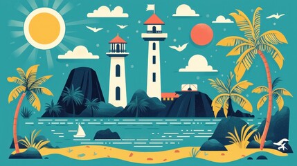Obraz premium Retro Beachside Paradise Illustration Set - Iconic Landmarks and Attractions in Flat Design
