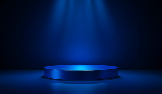 Dark blue stage podium 3d background product platform of empty scene presentation pedestal minimal showcase stand or abstract light show blank display and neon spotlight showroom on luxury backdrop.