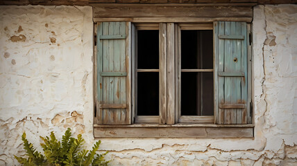 Obraz premium Rustic farmhouse window with chipped paint, wooden shutters, placed against a weathered white wall background