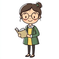 Cute cartoon school teacher reading in a classroom setting with a cheerful expression