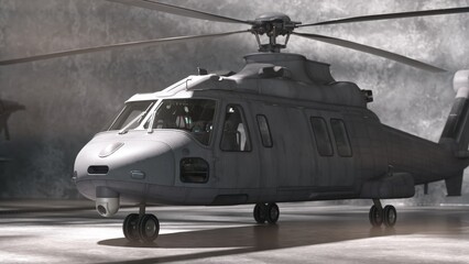 A close-up view of a military helicopter stationed in an industrial hangar, highlighting its rugged design and advanced equipment.
