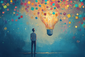 Man standing under a giant light bulb surrounded by colorful confetti, symbolizing creativity, inspiration, and innovative ideas