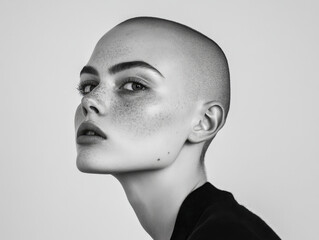 Bold Beauty: Minimalist Black and White Magazine Portrait of a Strong Female Model with Shaved Head and Intense Gaze