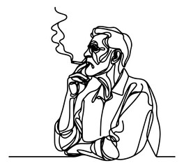 old man smoking cigarette continuous line drawing