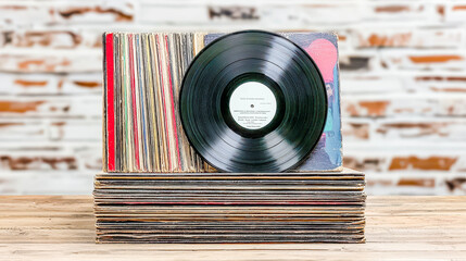 Fototapeta premium Vintage Vinyl Treasures A Nostalgic Collection of Old Records from the 1970s Capturing the Essence of a Bygone Musical Era