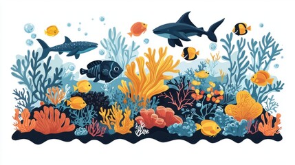 Underwater Wonderland: Flat Illustration Set of Diverse Marine Life Icons in a Vibrant Coral Reef