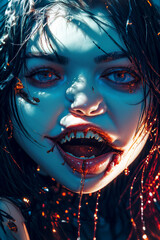 Fototapeta premium Demon-face doll ferocious face mouth open with chewing and baring fangs.