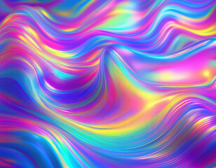 Obraz premium Iridescent Holographic Rainbow Waves Abstract Futuristic Background with Shimmering Fluid Colors
