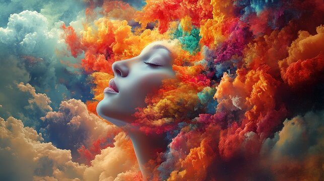 Creativity symbolized by a burst of colors erupting from a human head (focus on, imaginative thinking, vibrant, Multilayer, artist's studio backdrop)