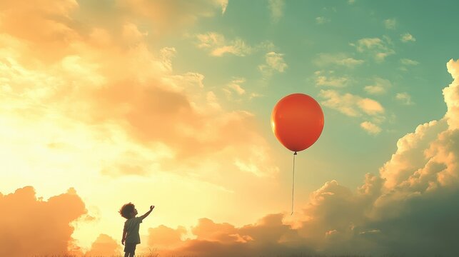Joy represented by a child reaching for a floating balloon in a cloudy sky (copy space, innocent happiness, dynamic, Overlay, playground backdrop)