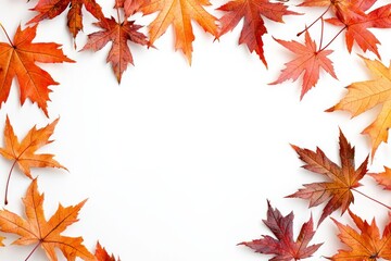 Fototapeta premium Autumn Maple Leaves Flat Lay White Background created with Generative AI