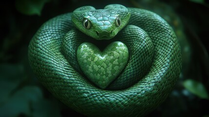 Jealousy depicted as a green snake coiled around a heart (focus on, envy and desire, ethereal, Multilayer, dark forest backdrop)